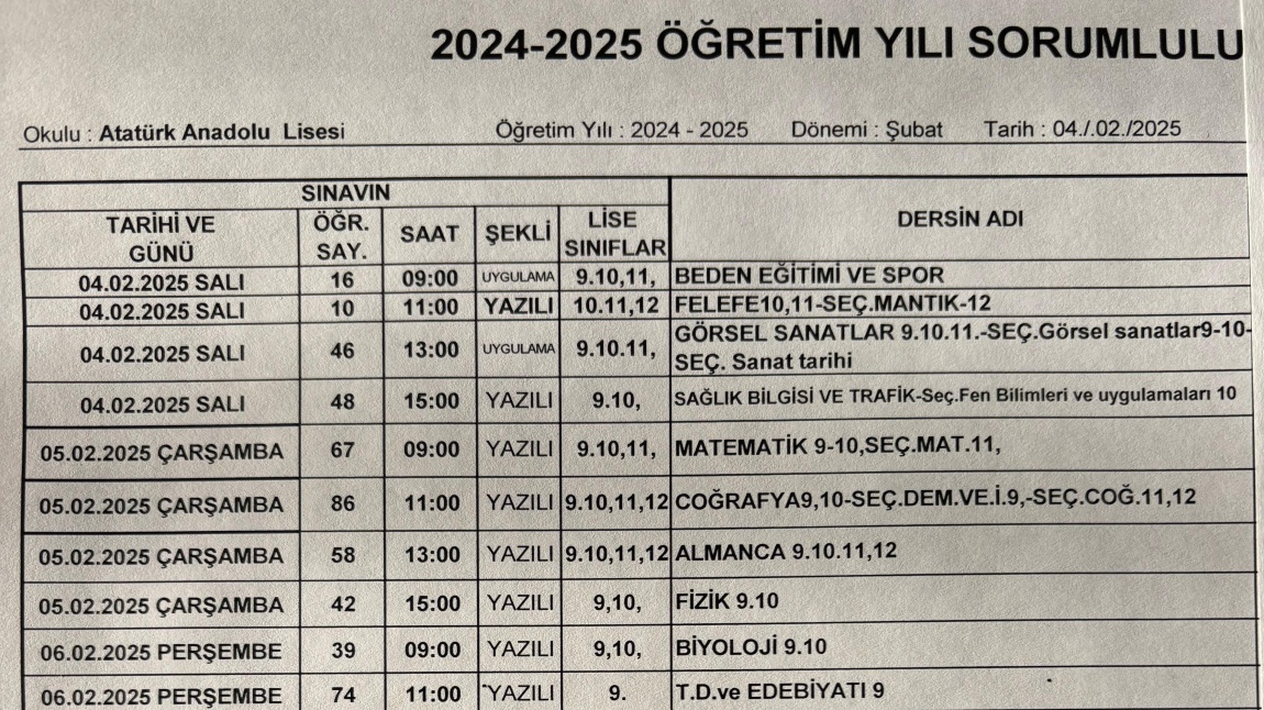 2. dönem şubat ayı sorumluluk sınavı takvimi